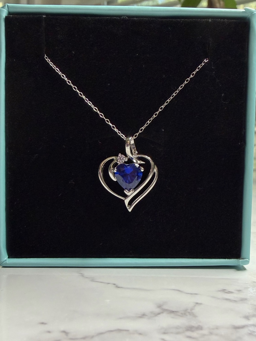 925 Sterling Silver Blue Sapphire Heart Necklace